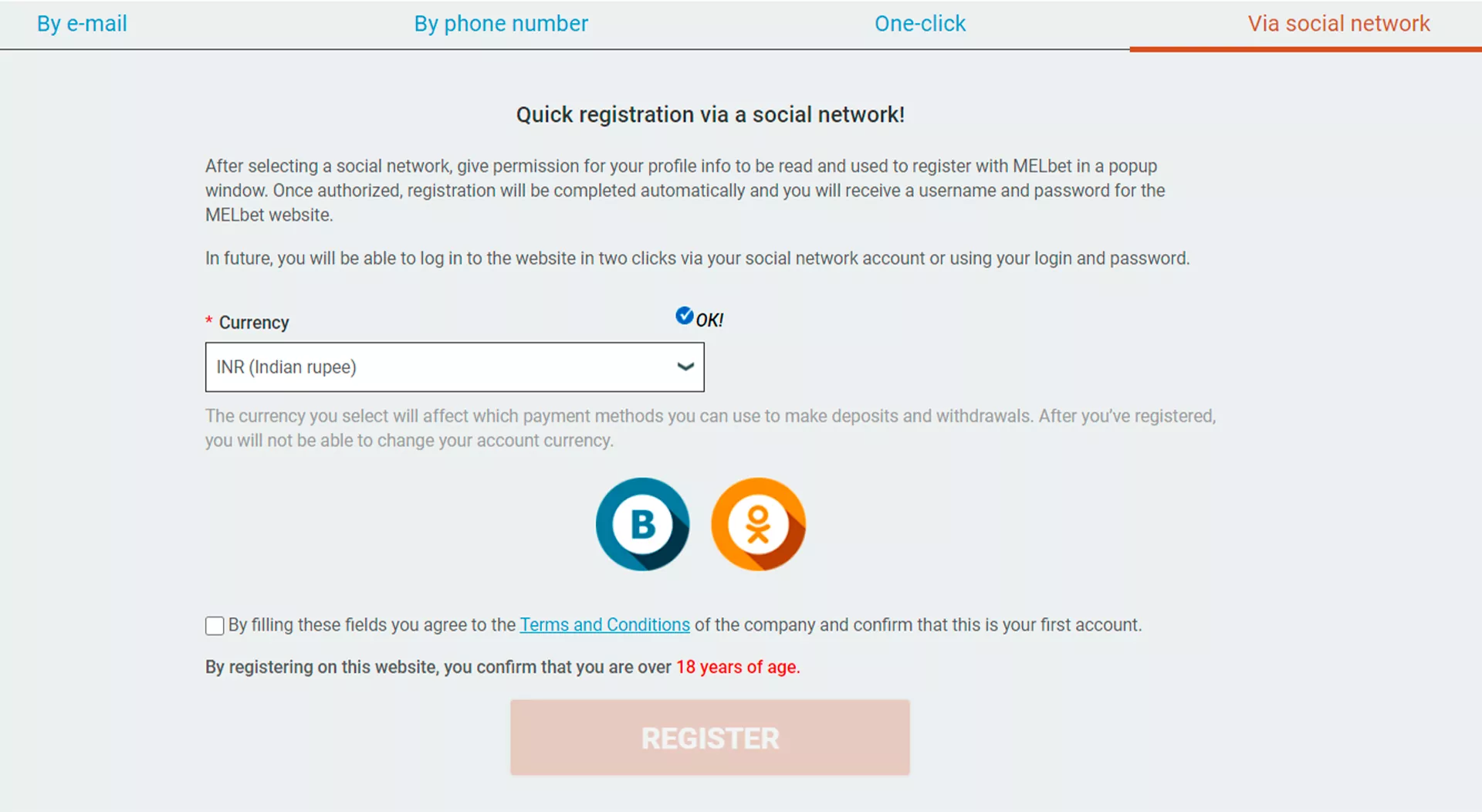 Another way to sign up at MelBet is to use your social network.
