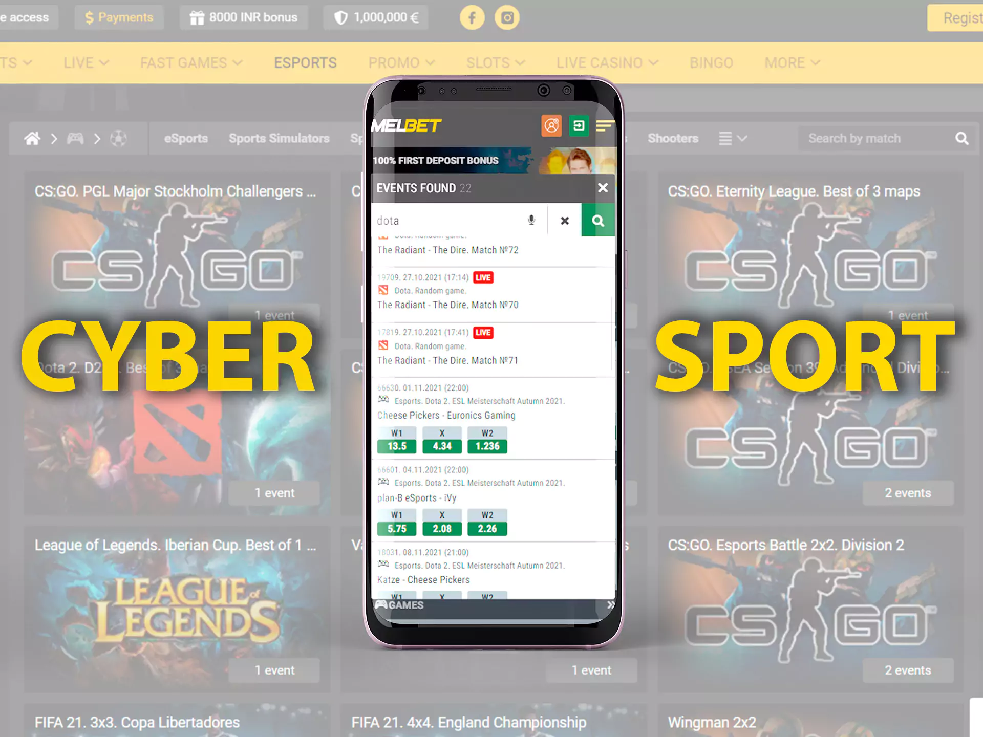 You can watch broadcasts and plca bets on cybersports right in the Melbet app.