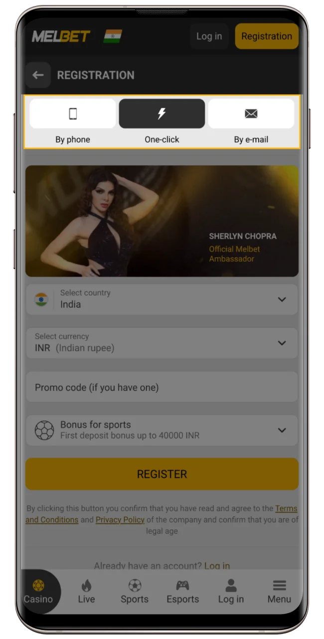 Choose the method that is most convenient for you to register in the Melbet app.