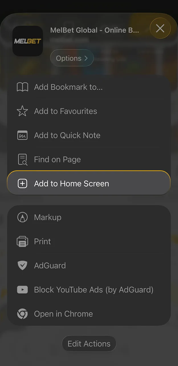 Add the Melbet app for iOS to your home screen.