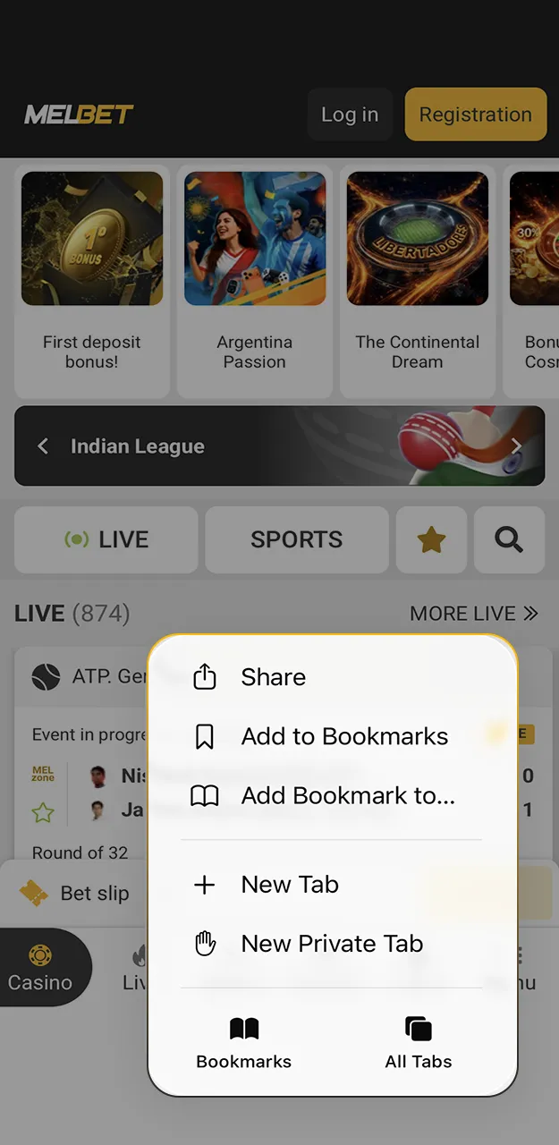 Open the Safari menu to start installing the Melbet app.