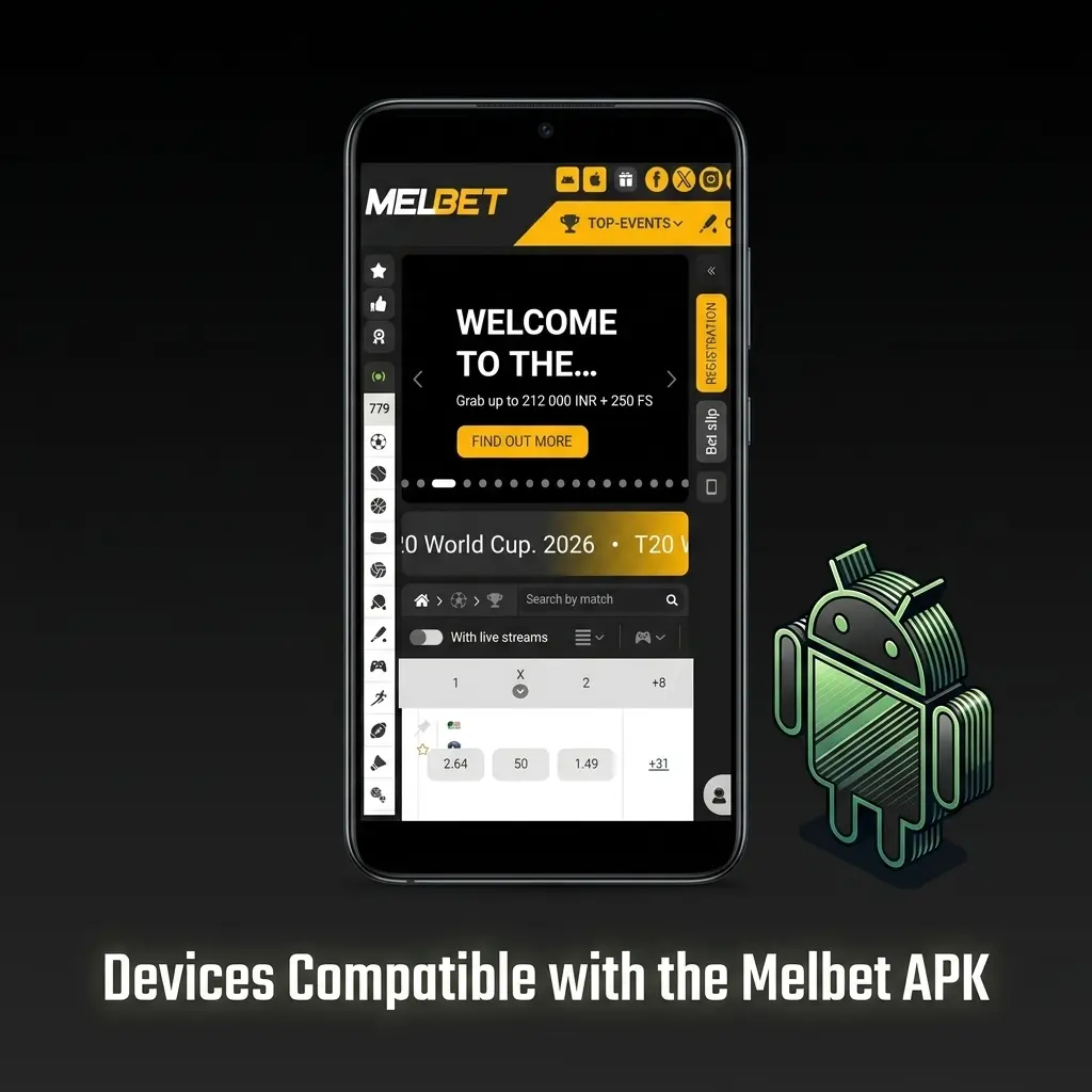 Table showing Android devices compatible with Melbet APK including Samsung, Sony, Xiaomi, OnePlus and more brands