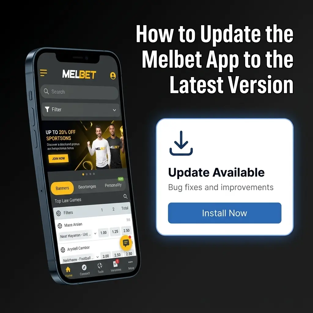 Melbet app update process on Android showing manual APK installation steps and iOS PWA automatic update info