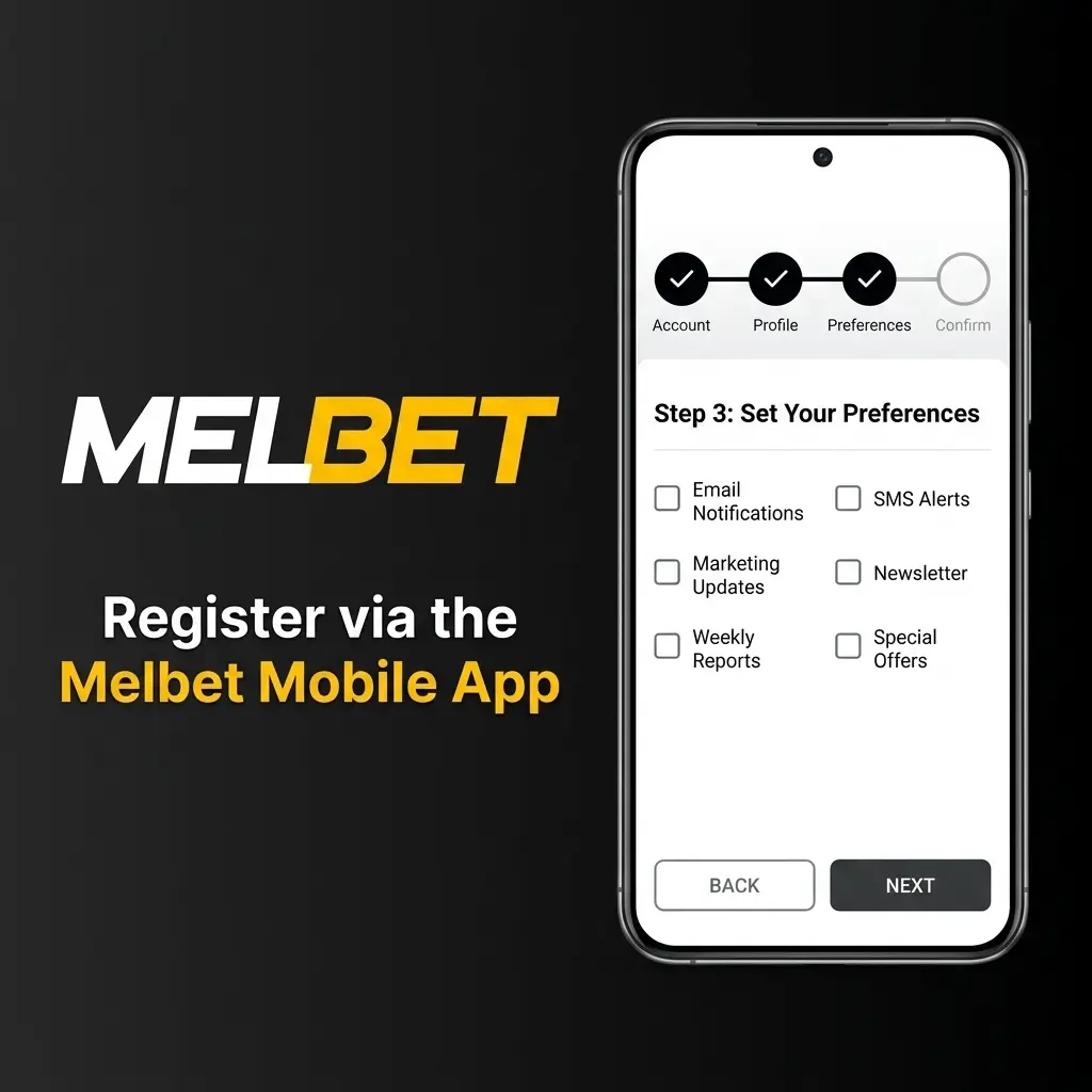 Melbet mobile app registration screen on a smartphone showing sign-up options for Indian users