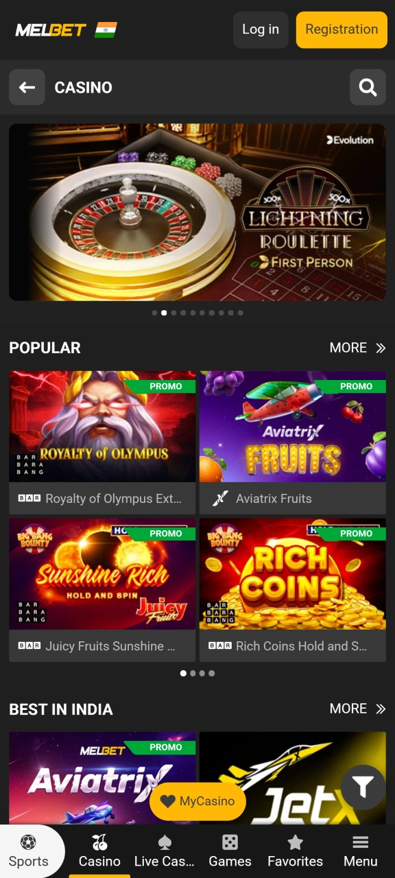 Enjoy playing slots and live casino games on the Melbet app.