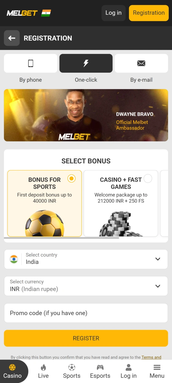Sign up right in the Melbet app by choosing the method that works best for you.