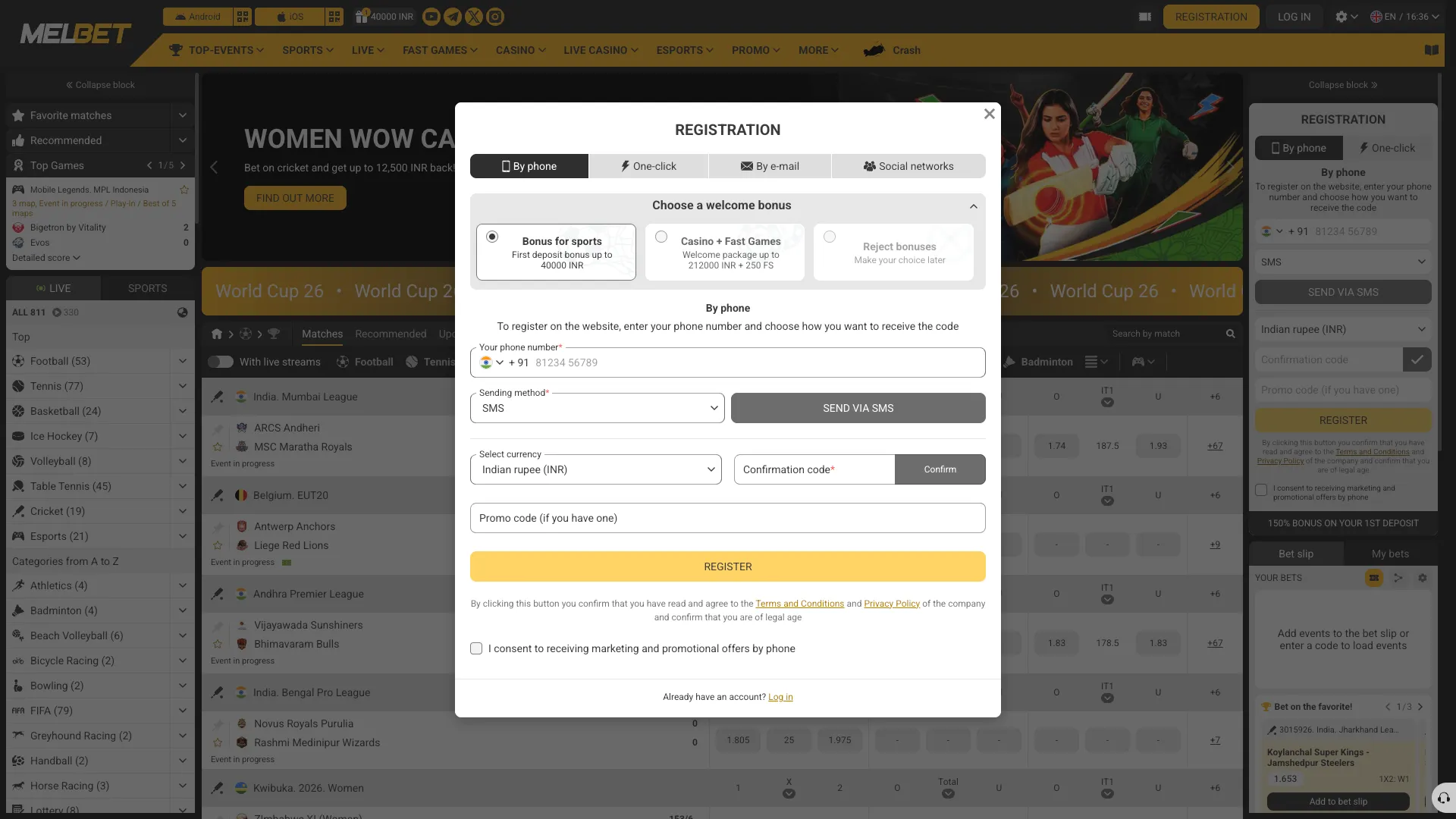 Registration on the Melbet platform.