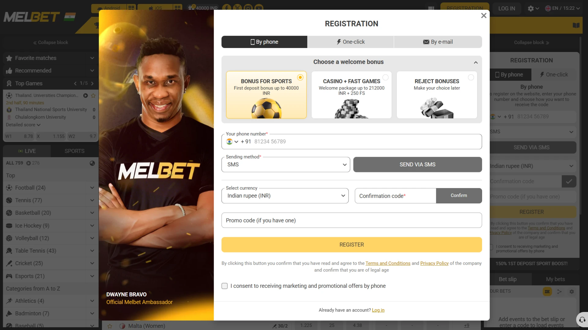 Create a Melbet account using your phone number, email address, or the one-click method.