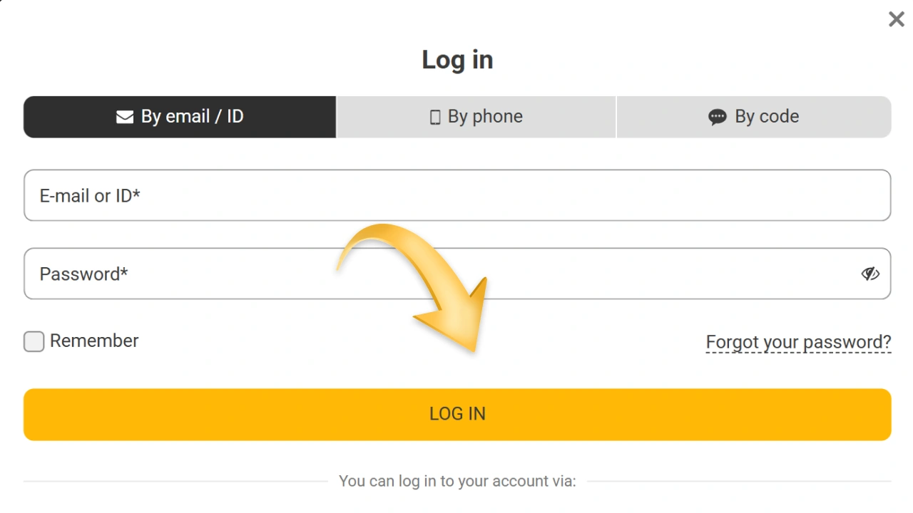 A simple Melbet login form supporting authentication via email, phone, or code.