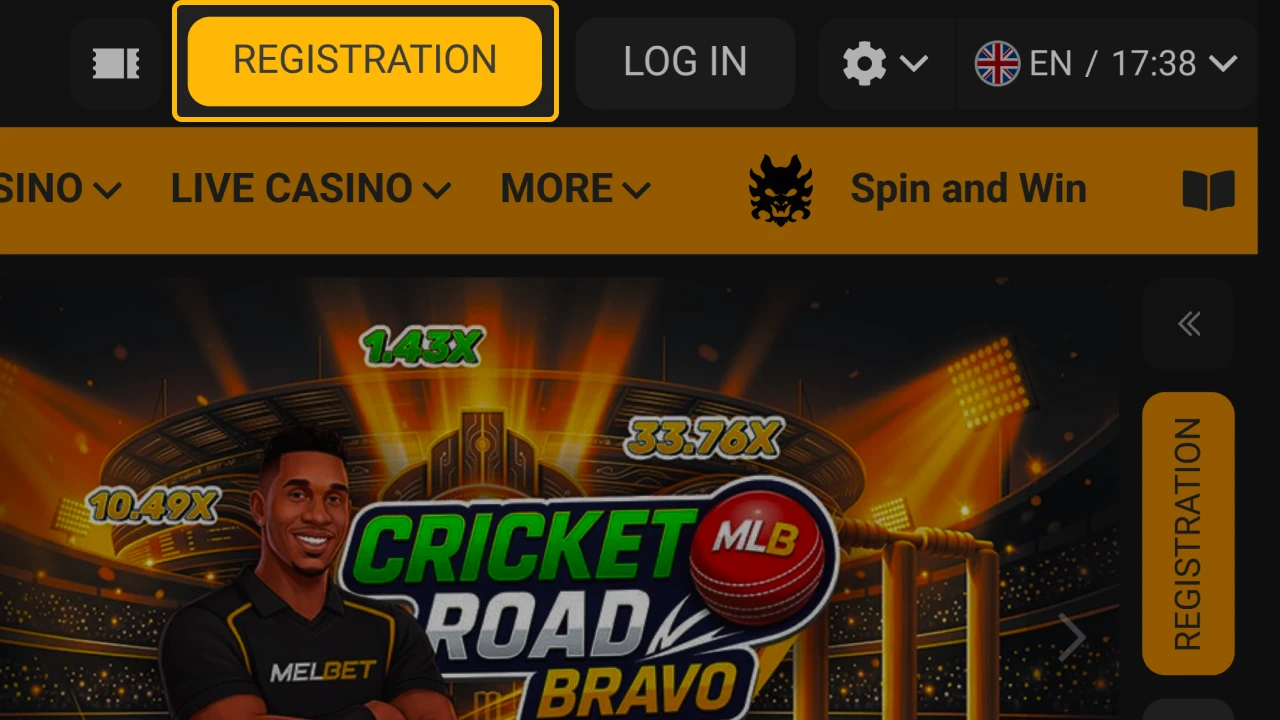 The Melbet site's registration button gives you quick access to creating an account.