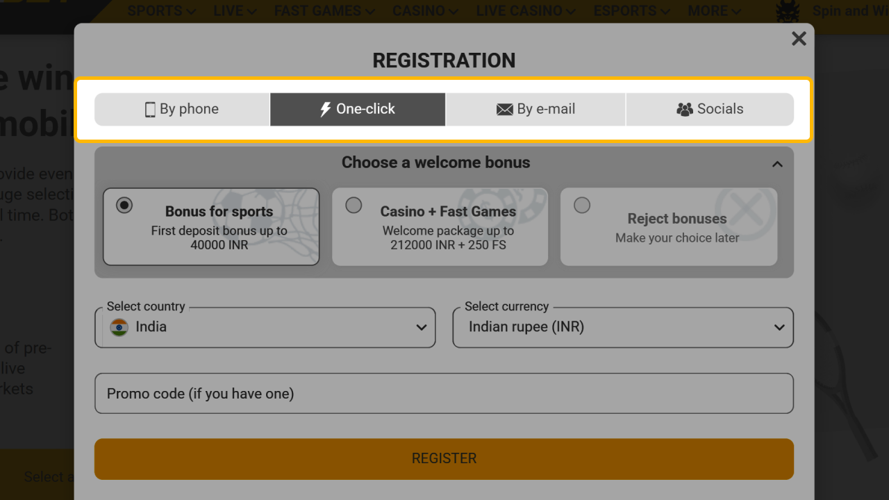 Use the convenient Melbet registration menu, which supports sign-up via phone number.