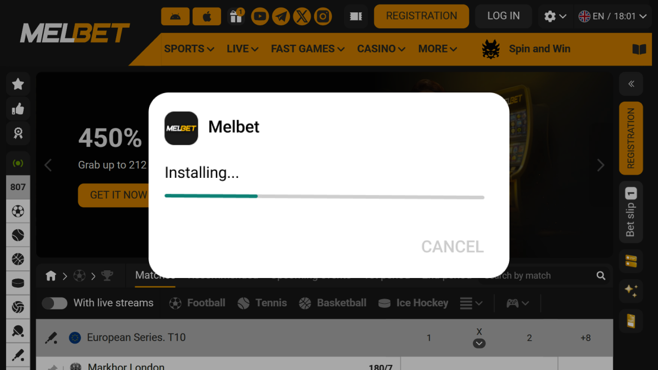 Installation progress window showing the fast and seamless update of the Melbet app.