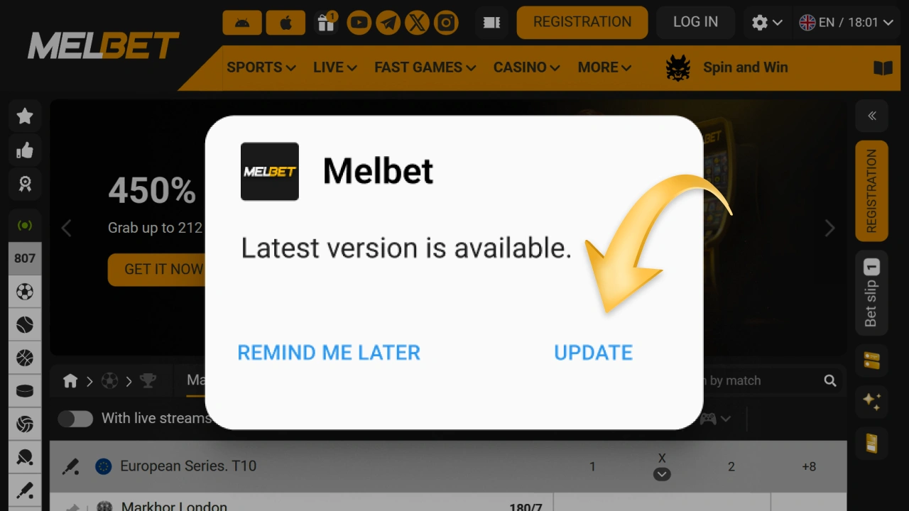 A notification regarding a Melbet update, ensuring the desktop application remains up to date and includes new features.