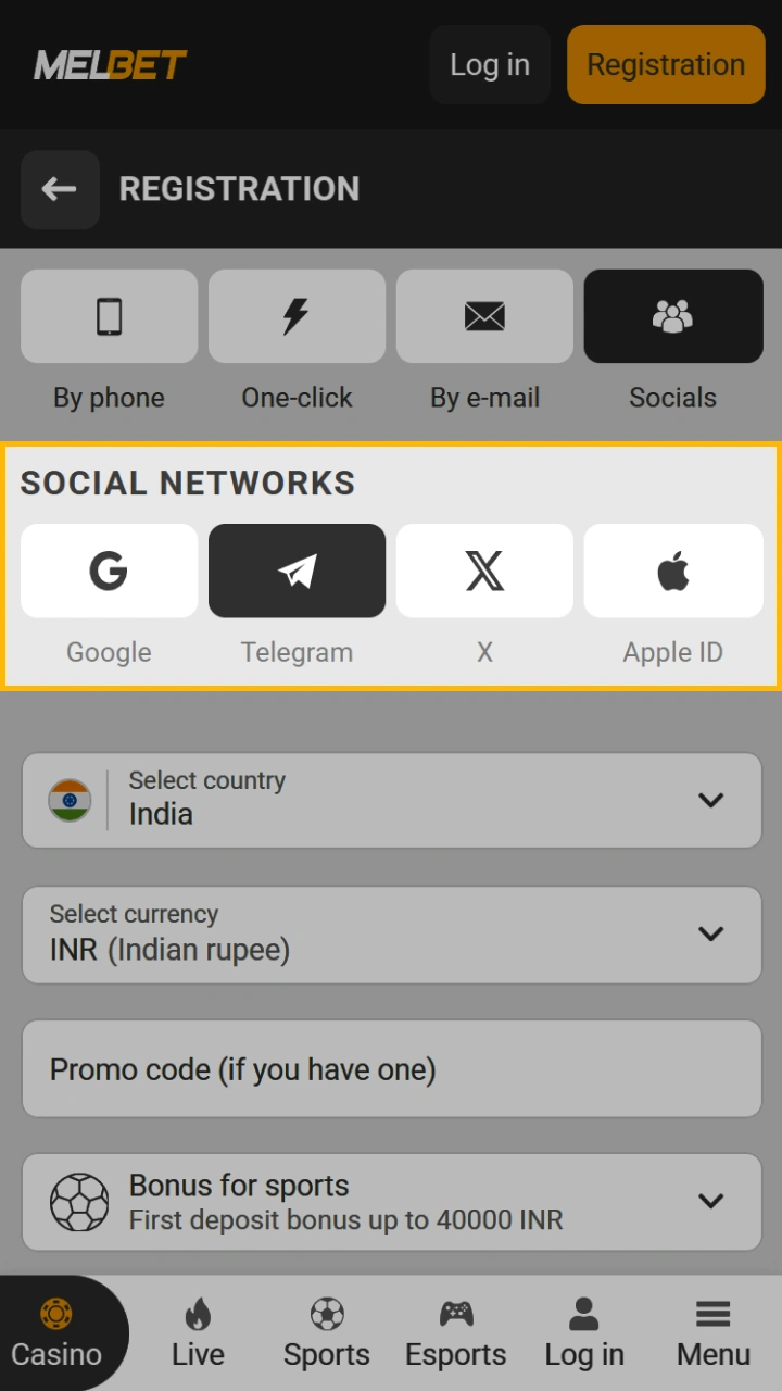 Choose a social media registration method on Melbet, with support for Google, Telegram, X, and Apple ID.