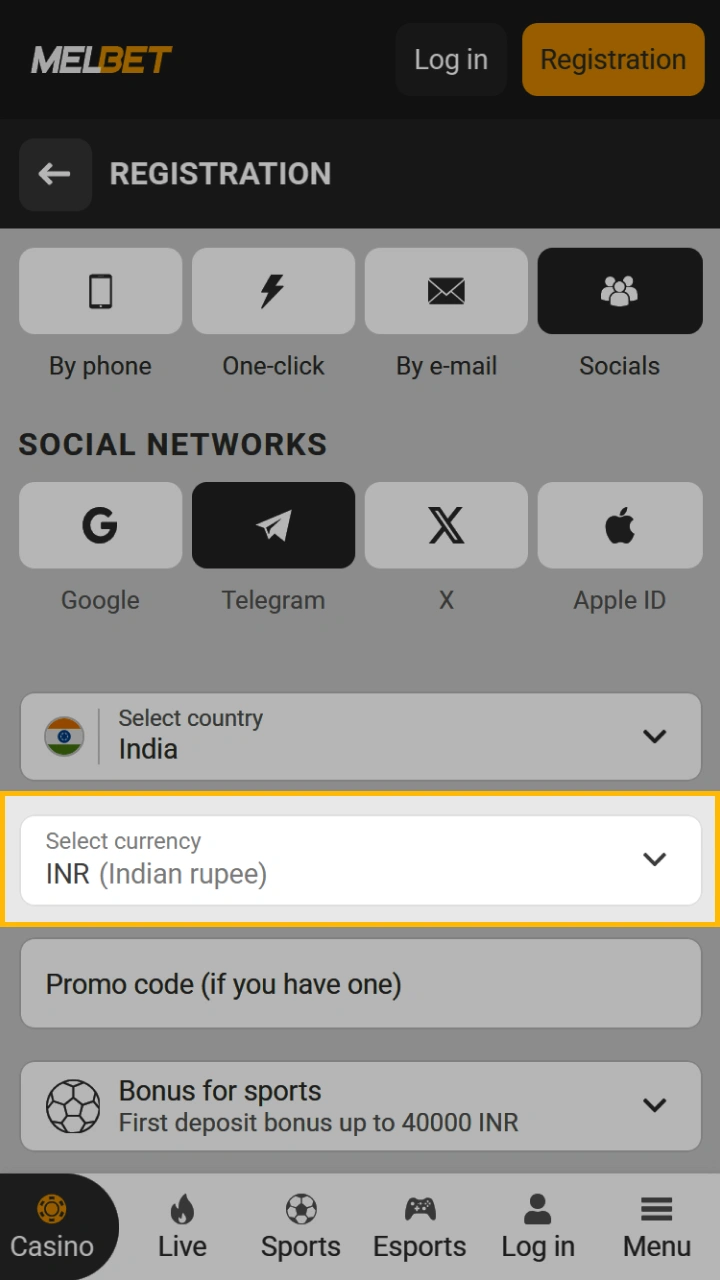 The convenient registration form on Melbet allows you to select your country and local currency.