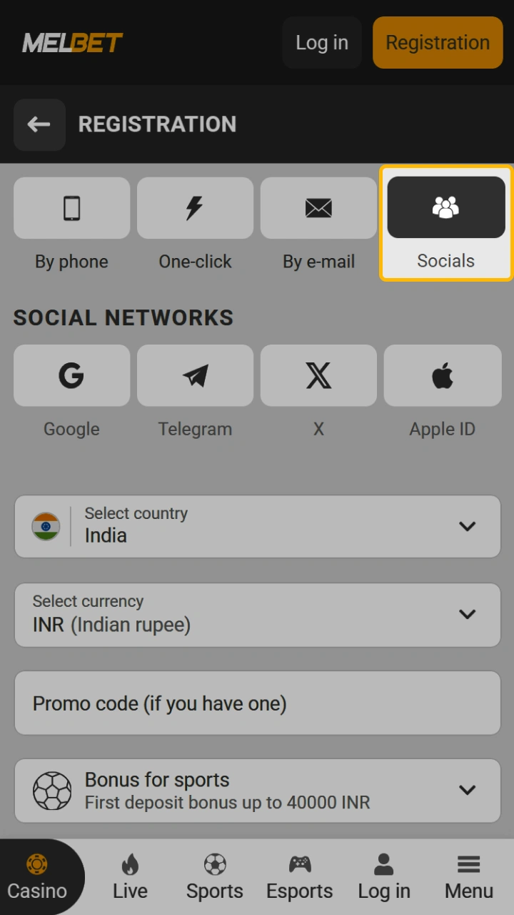 Click the registration tab on Melbet to create an account via social media.
