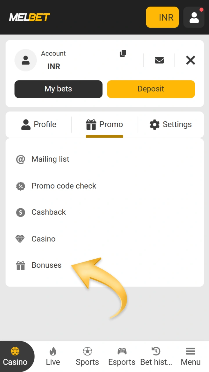 You will quickly find the bonuses section in the Melbet account menu.