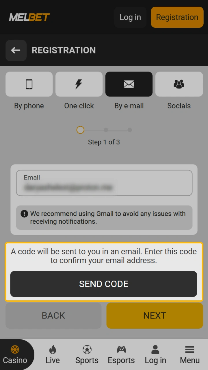 Verify your account on the Melbet website using the confirmation code sent to your email.