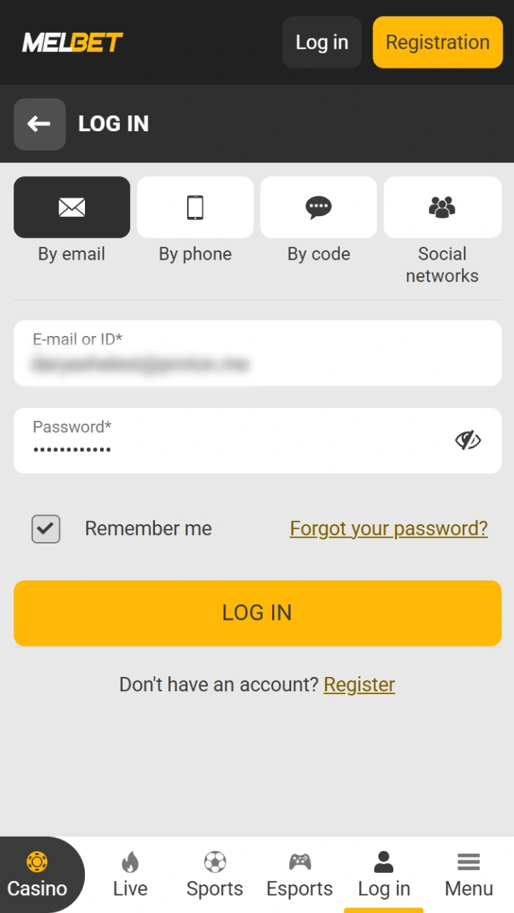 Log in to the Melbet website using a method that is convenient for you.
