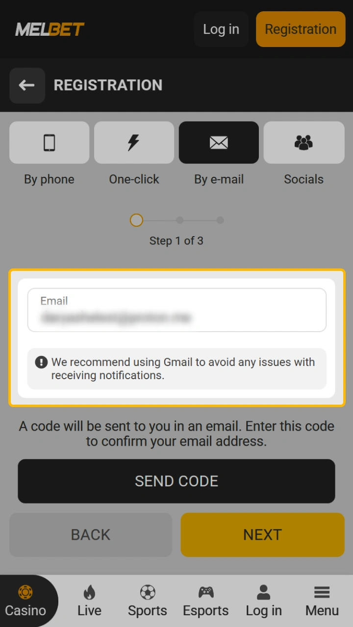 To create an account, enter your email address on the Melbet website.