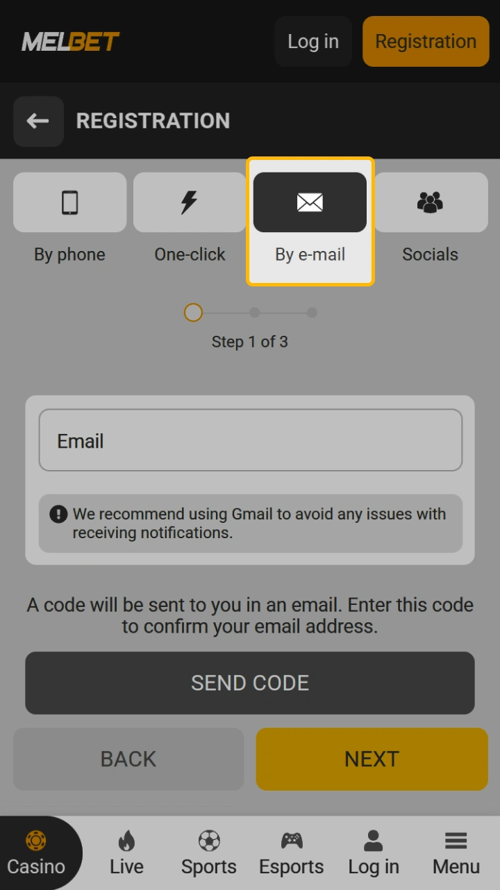The email registration tab on the Melbet website offers a reliable way to create an account.