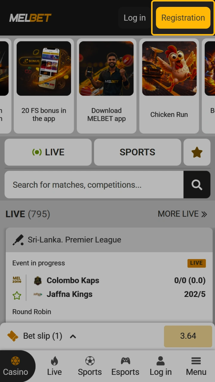 A prominent registration button on the Melbet homepage that allows for quick registration.