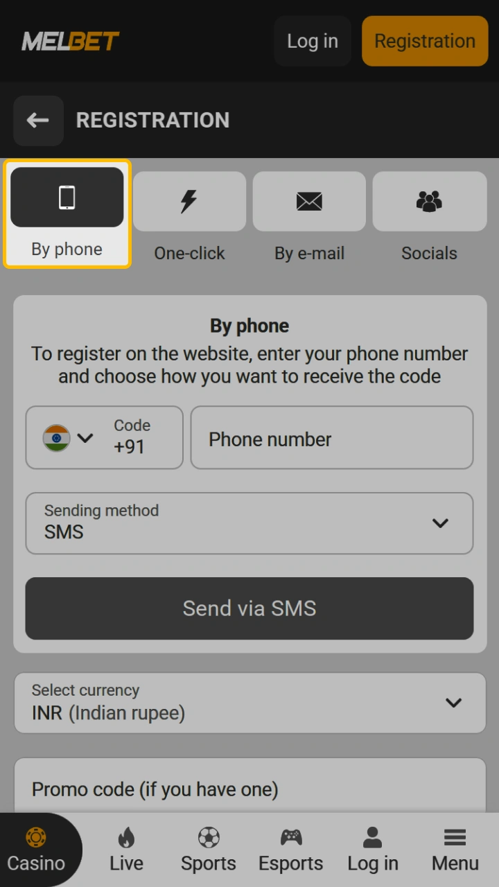 Register using your phone number on the official Melbet website.