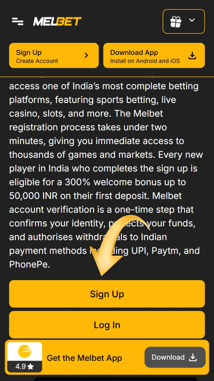 Proceed to registration on the Melbet website by clicking the button.