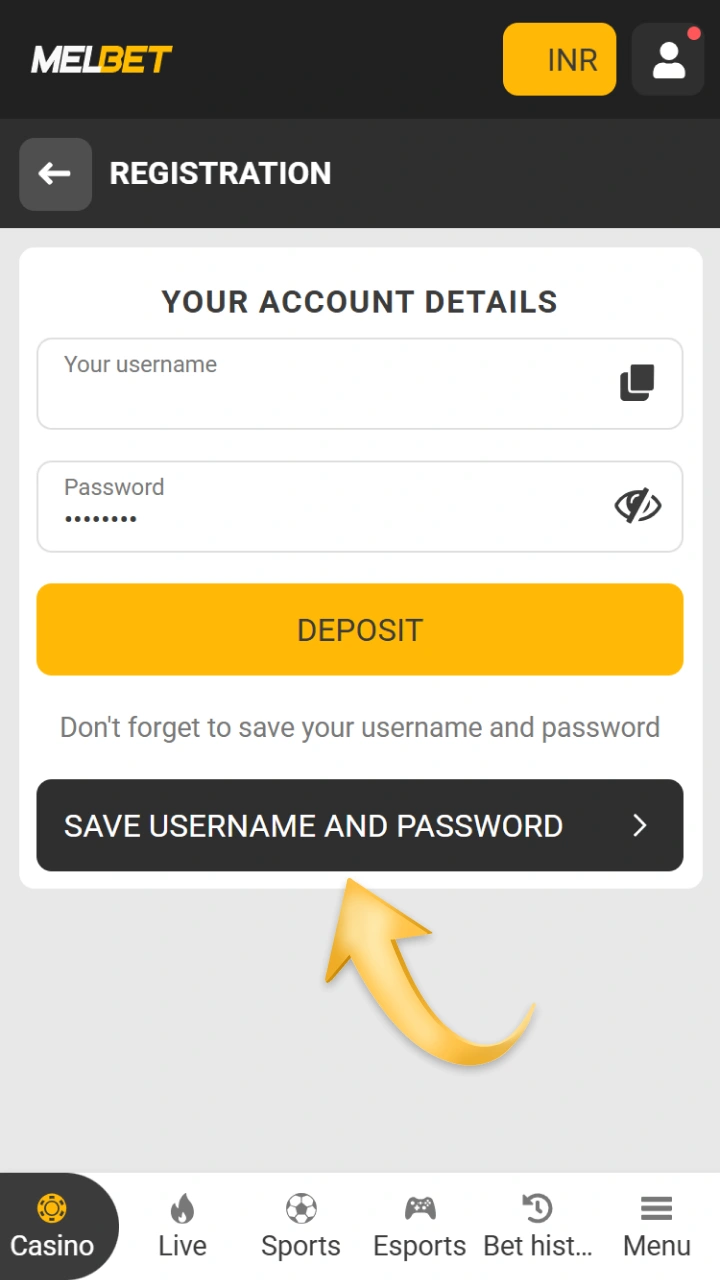 After registering on the Melbet website, save your account information.