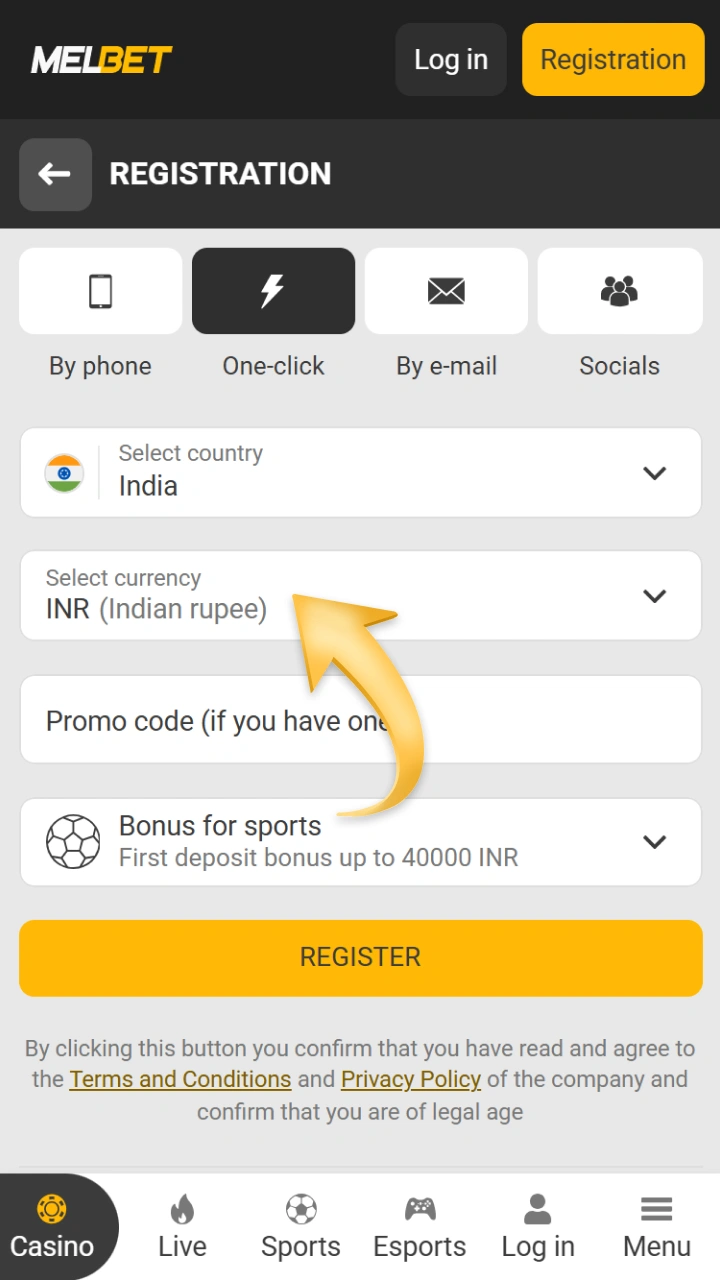 Select the desired currency when registering on Melbet.