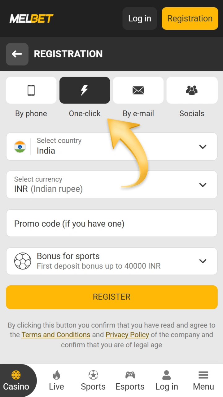 Take advantage of Melbet's quick one-click registration to create an account as fast as possible.