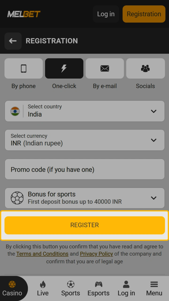 Click the registration completion button on Melbet to instantly create an account.