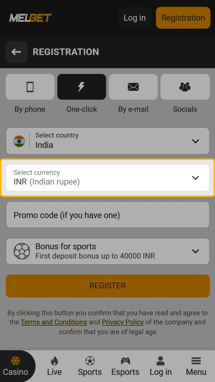 Proceed to the currency selection step on the Melbet website when registering an account.