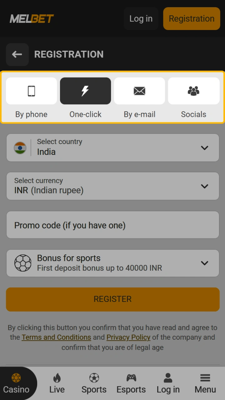 Choose a suitable registration method in the Melbet app: by phone number, one-click, email, or via social networks.