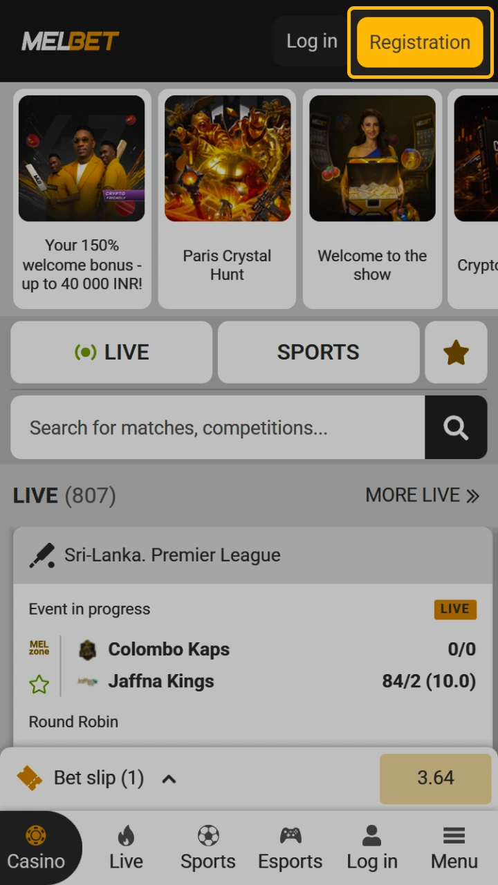 The registration button on the Melbet homepage, providing convenient access to the betting platform.