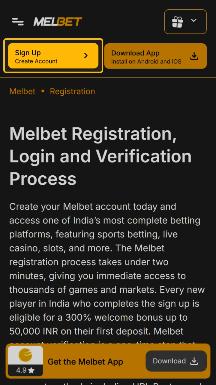 Click the registration button on Melbet to start the registration process.