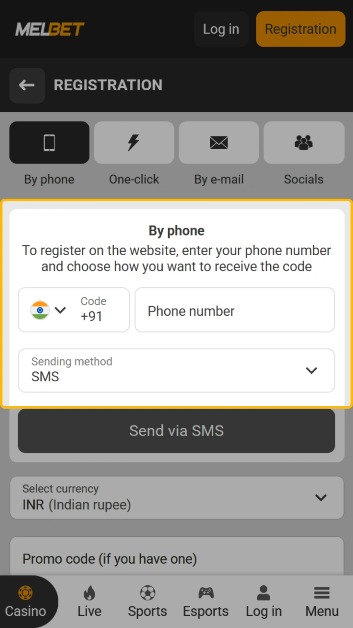 A simple phone number registration form on Melbet, designed for quick and secure account creation.