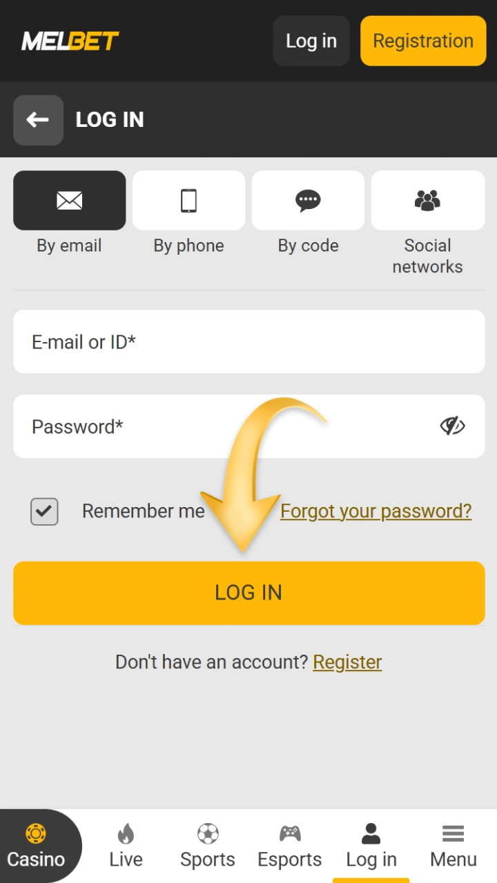 To start the withdrawal process, log in to your Melbet account.